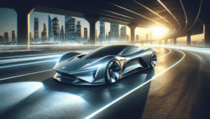 Futuristisk Tesla elbil på en moderne motorvej med byens skyline i baggrunden ved solnedgang