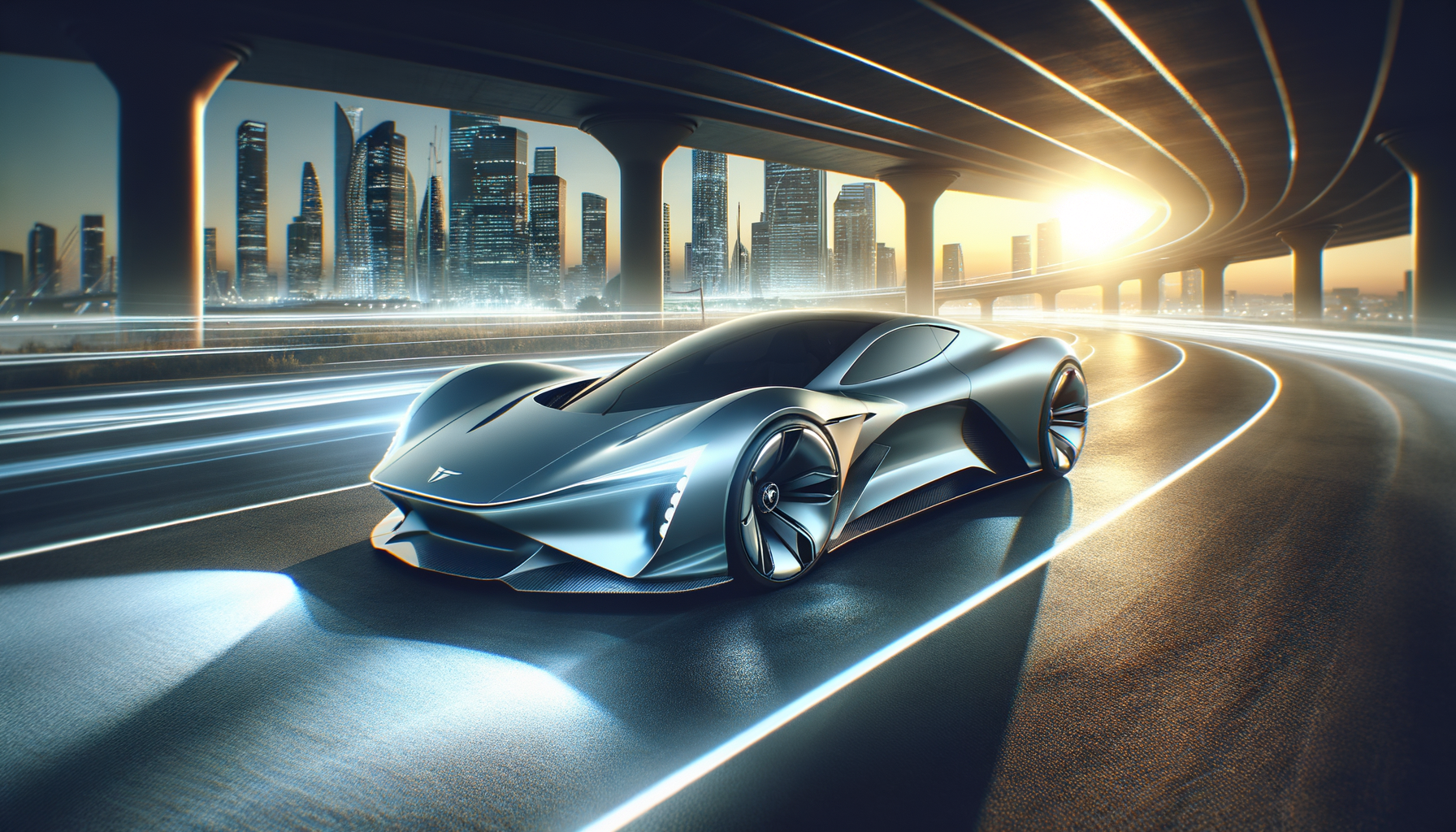 Futuristisk Tesla elbil på en moderne motorvej med byens skyline i baggrunden ved solnedgang