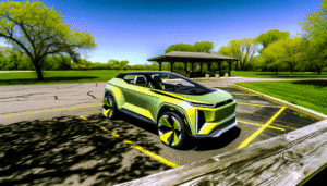 Futuristisk grønt elbil-koncept ved en parkeringsplads i naturskønt område