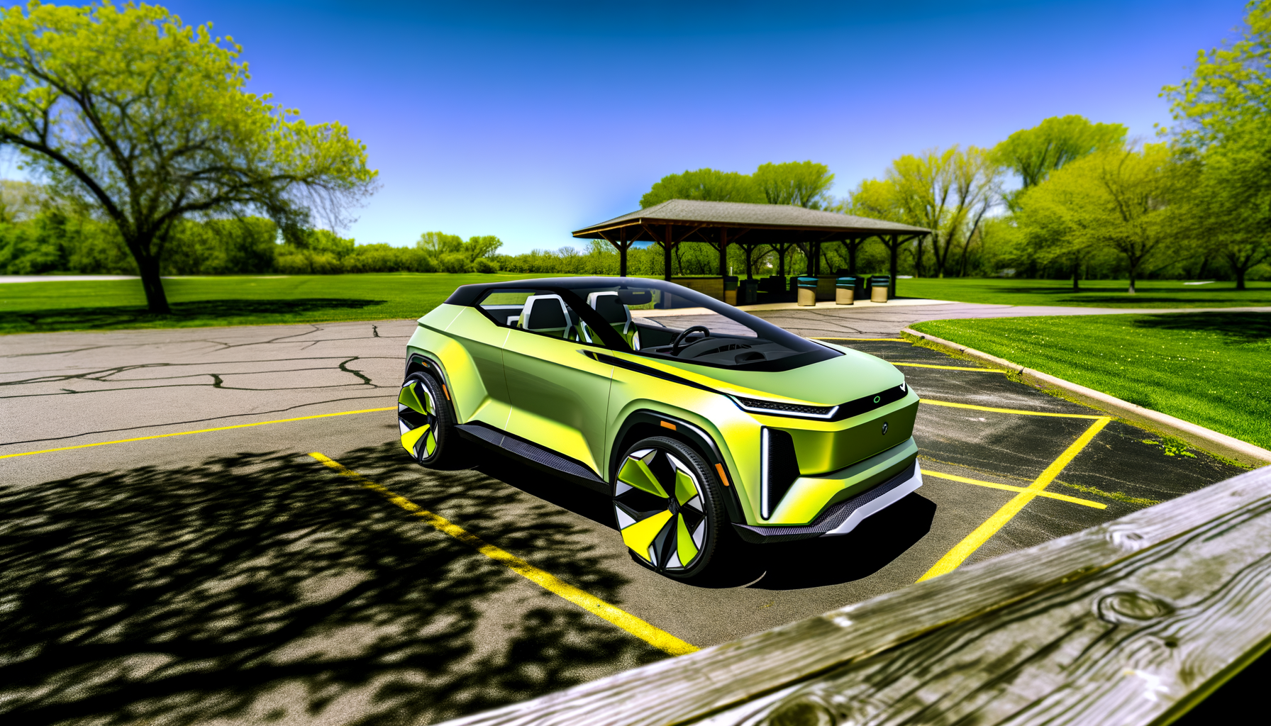 Futuristisk grønt elbil-koncept ved en parkeringsplads i naturskønt område