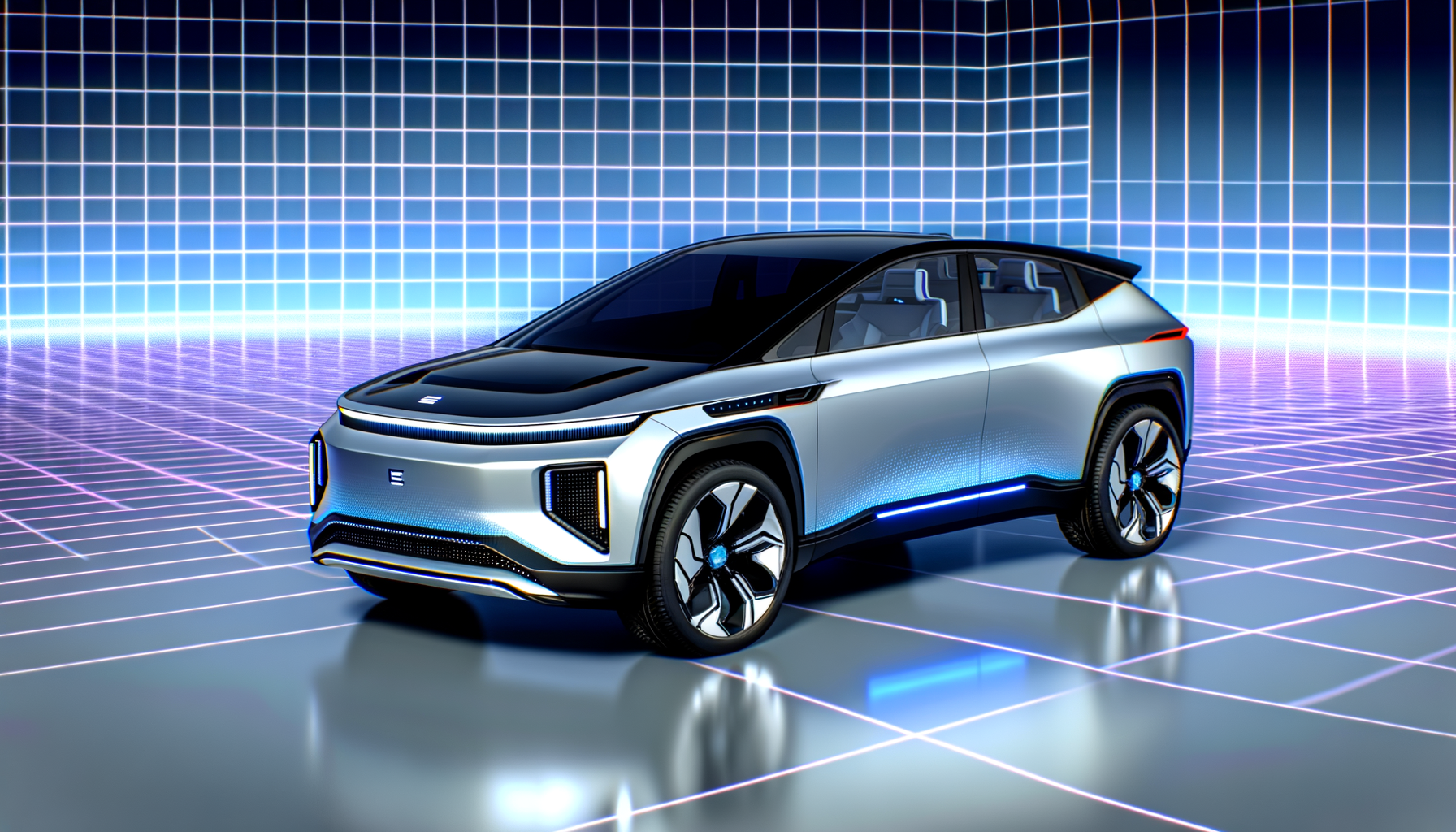 Futuristisk design af en moderne elbil i et digitalt miljø