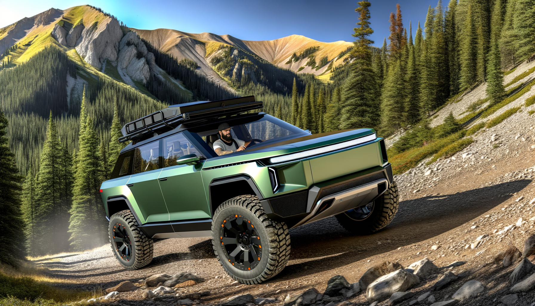 Elektrisk SUV kører gennem bjergområde med skov i baggrunden