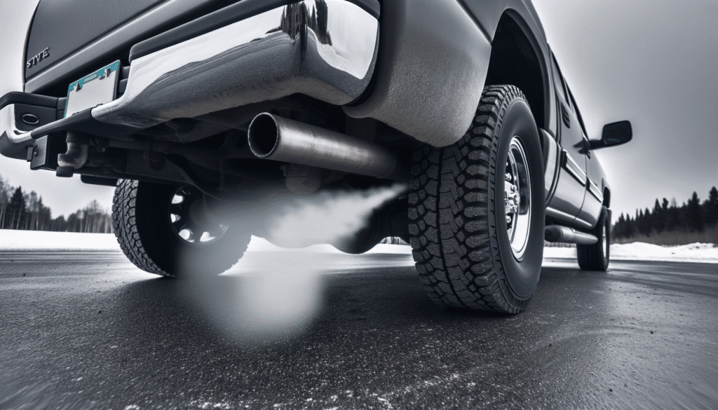 Udstødning fra en pickup truck på en vintervej med røg, der illustrerer traditionel bilteknologi