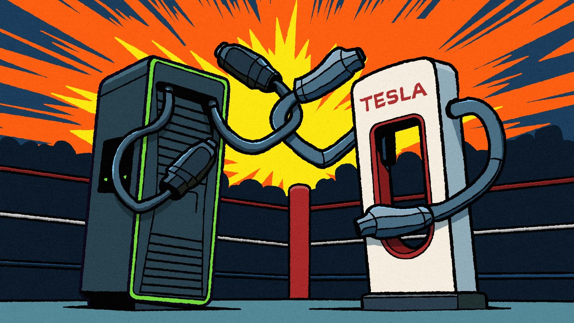 Illustration af Tesla ladestation der kæmper mod en anden ladestation i en boksering