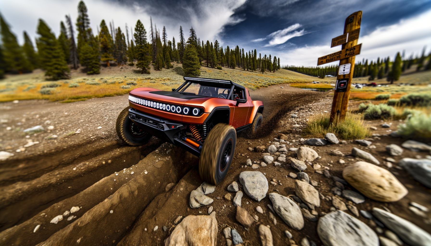 Elektrisk off-road bil, der kører gennem et kuperet terræn med træer og klare himmel i baggrunden