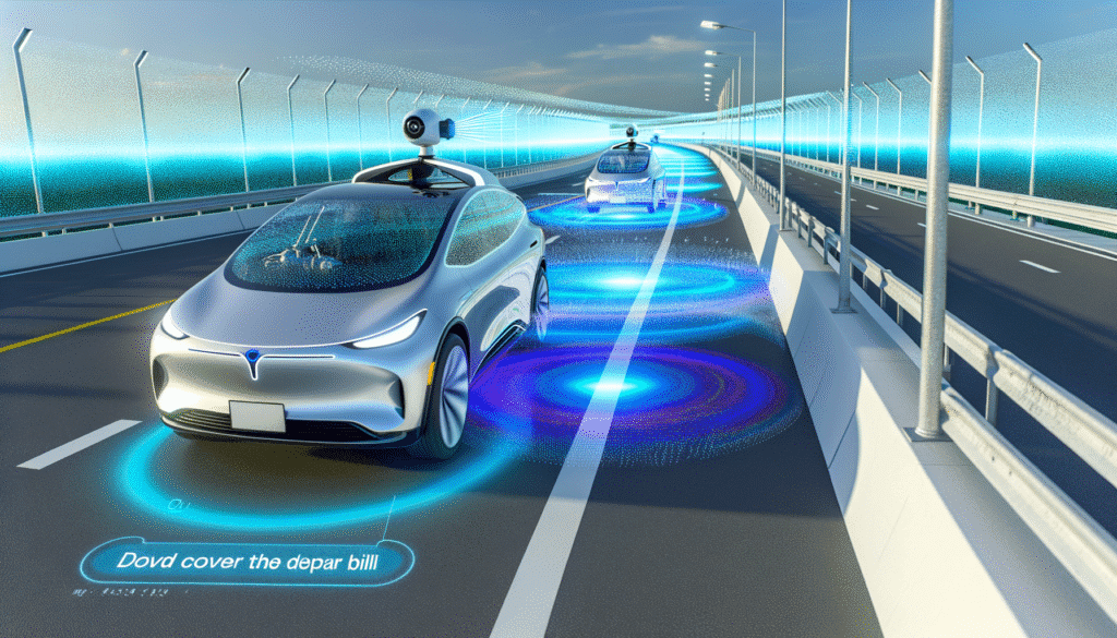 Fremtidsorienteret elektrisk bil med avanceret sensorteknologi på en moderne motorvej