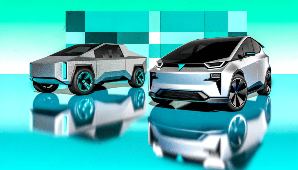 To futuristiske elektriske biler med moderne design og skarpe linjer mod en turkis baggrund