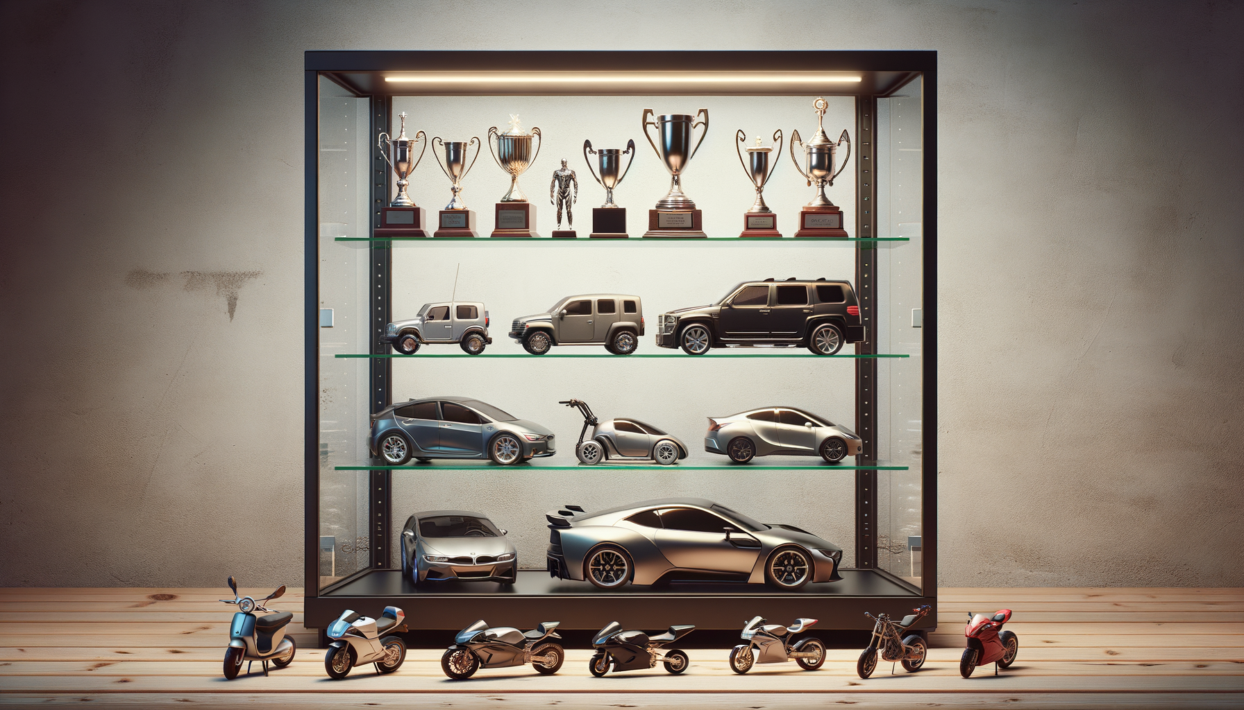 Modelbiler og motorcykler på hylder med trofæer i baggrunden