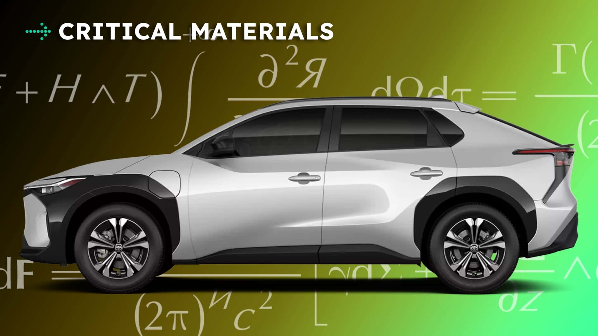 Sidespejl af elektrisk bil på grøn baggrund med teksten 'Critical Materials'.