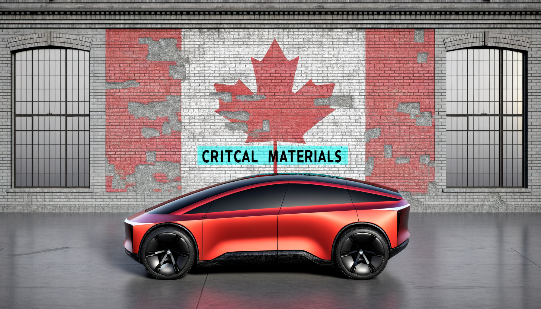 Moderne konceptbil foran en mur med canadisk flag og tekst om kritiske materialer