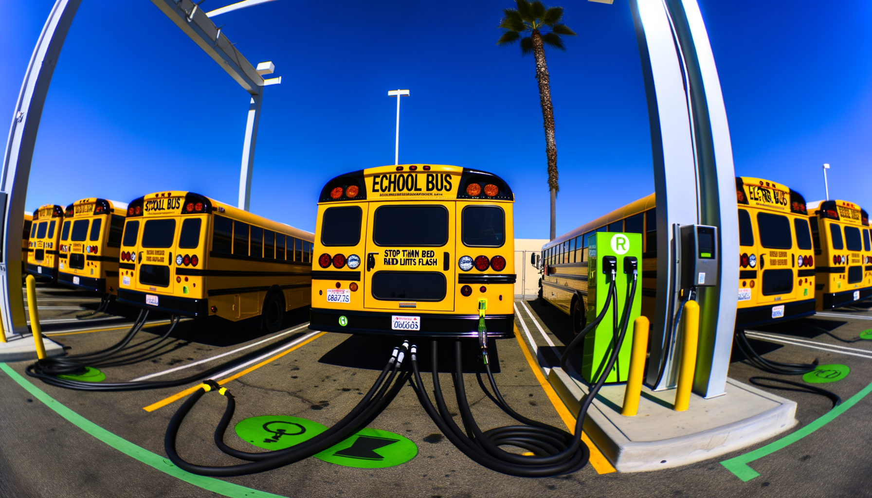 Flere gule elektriske skolebusser oplades på en ladestation under blå himmel