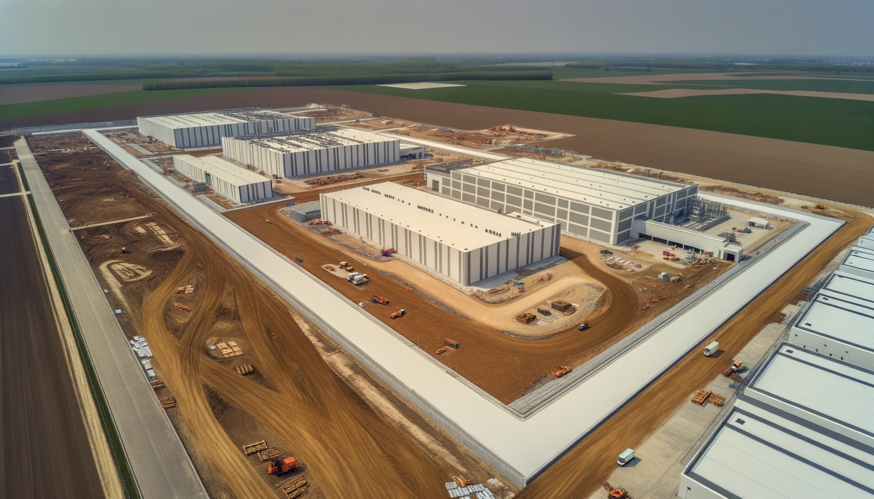 Luftfoto af Teslas nye fabrik under opførelse med omkringliggende marker