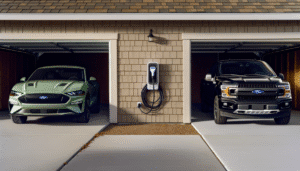 To biler i garage med en elektrisk oplader installeret på væggen