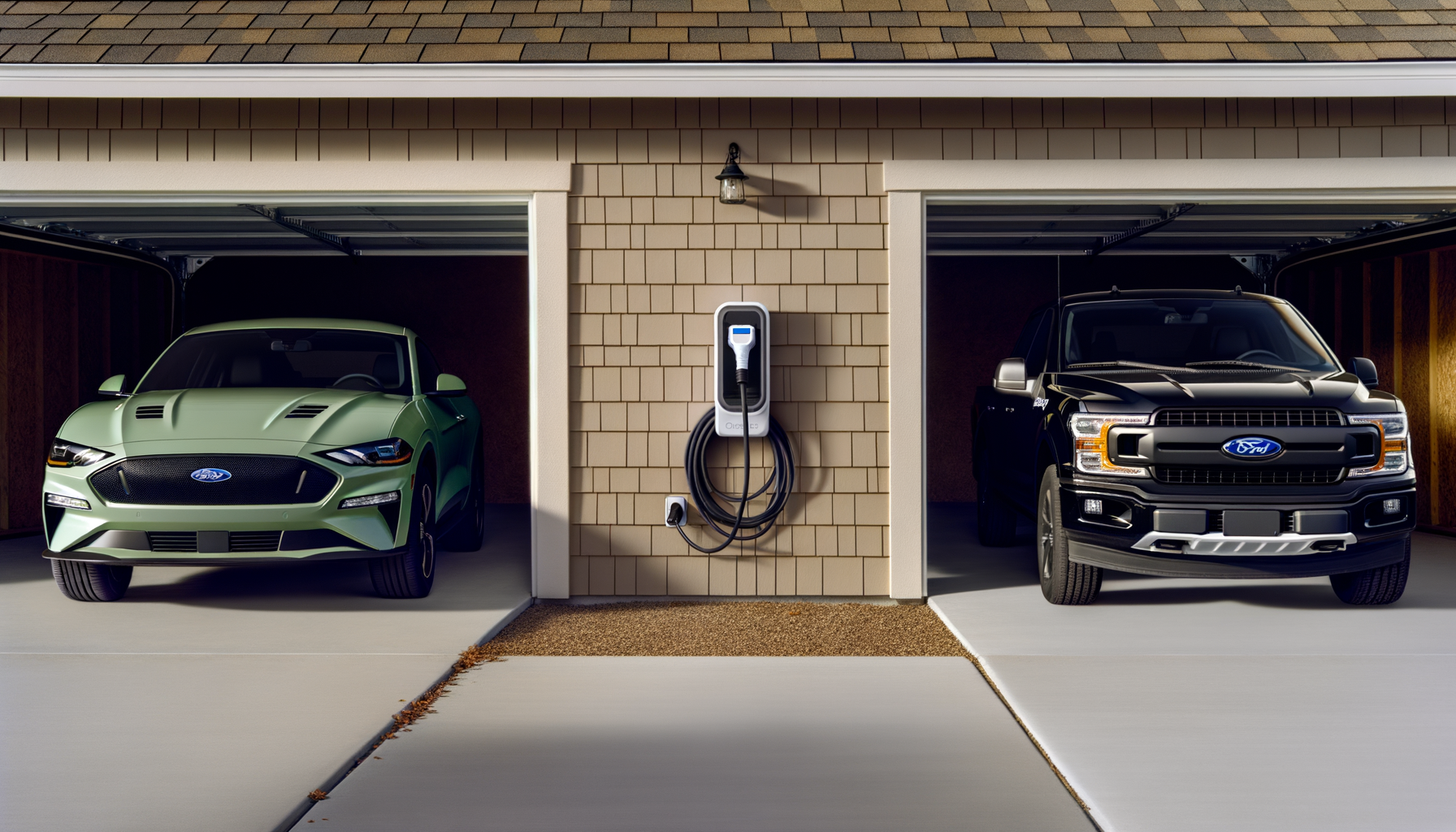 To biler i garage med en elektrisk oplader installeret på væggen