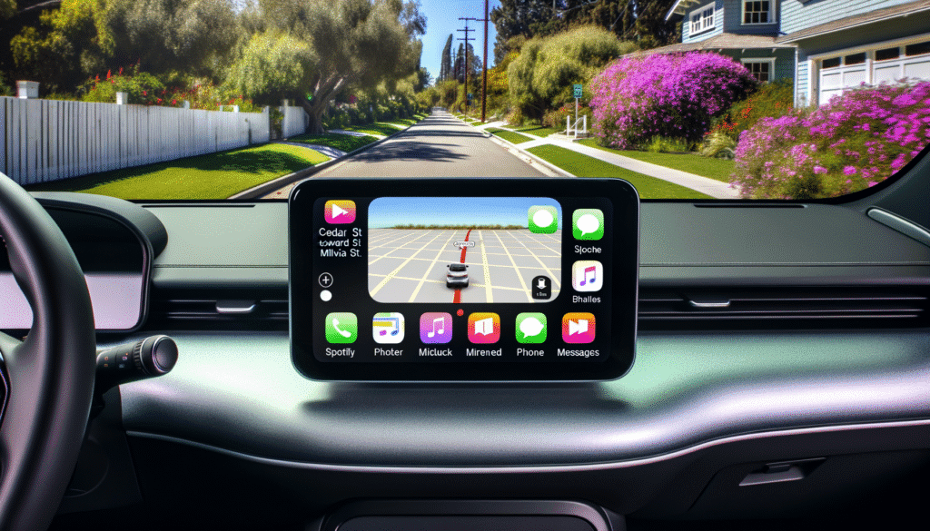 Tesla infotainmentsystem med navigationsskærm og app-ikoner, set fra førerens perspektiv