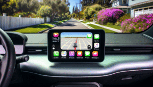 Tesla infotainmentsystem med navigationsskærm og app-ikoner, set fra førerens perspektiv