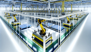 Avanceret robotarm i en moderne bilproduktionslinje i en Tesla fabrik