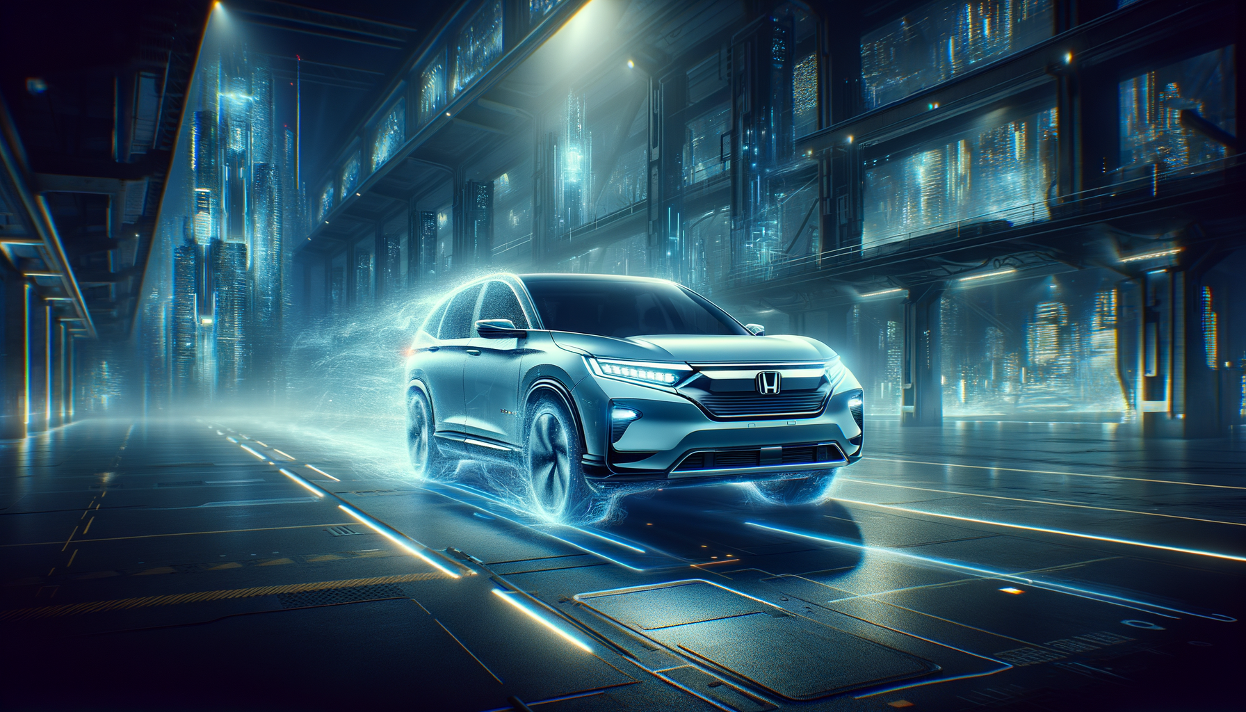 Futuristisk elektrisk bil kører gennem lysende bylandskab