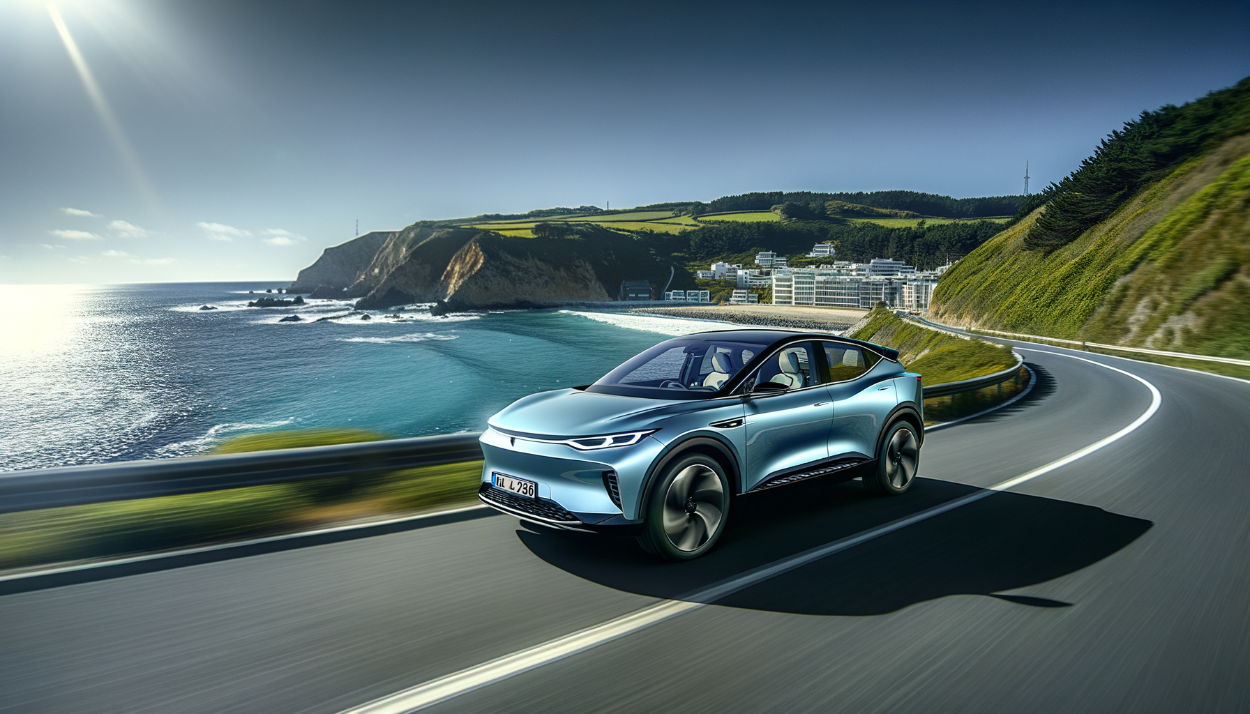 Elektrisk bil kører langs naturskøn kystvej med udsigt over vandet