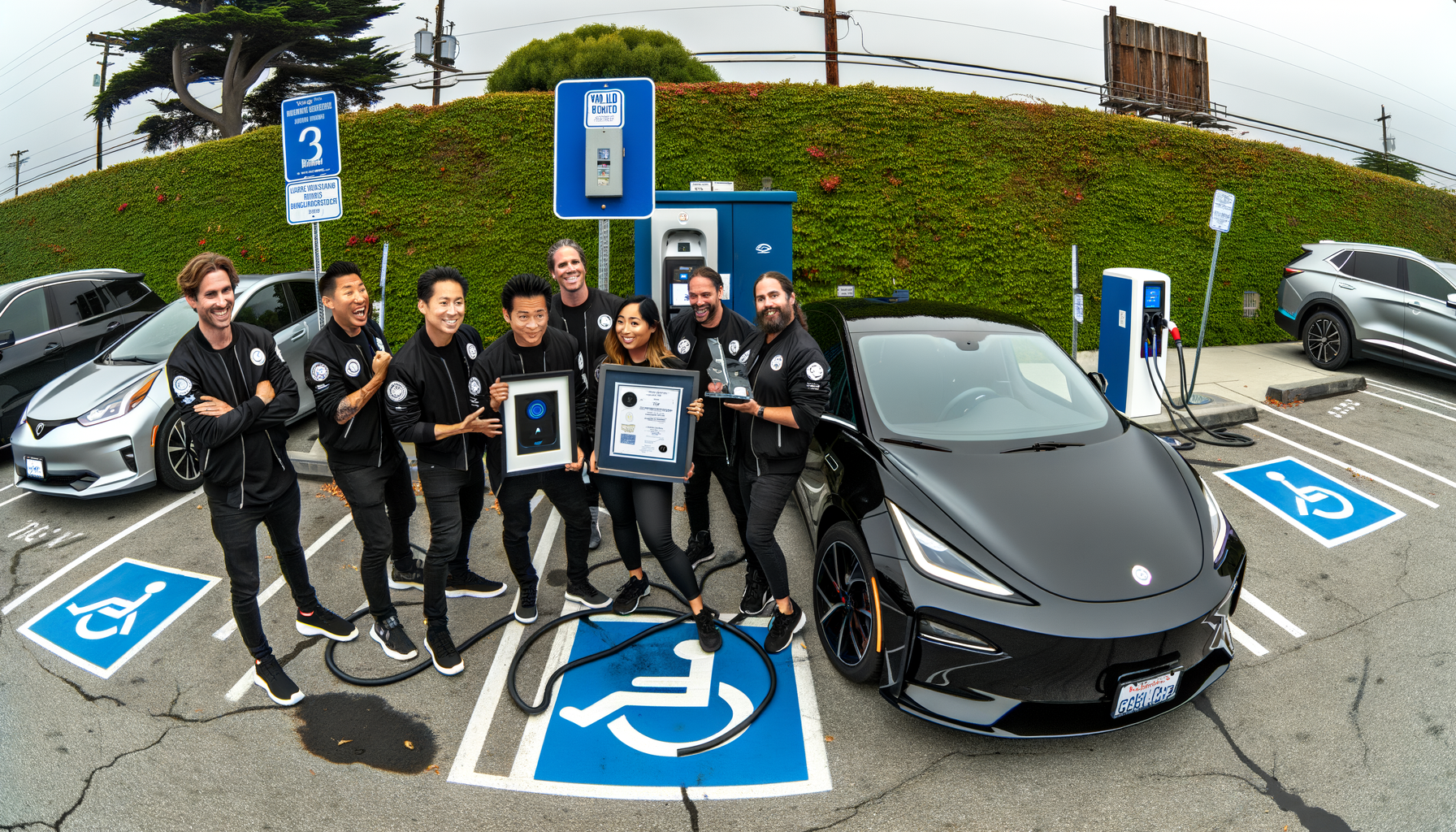 Gruppe af mennesker med en pris ved siden af en sort elbil på en ladestation