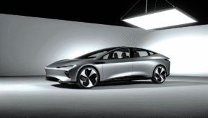 Futuristisk Tesla elbil i moderne showroom