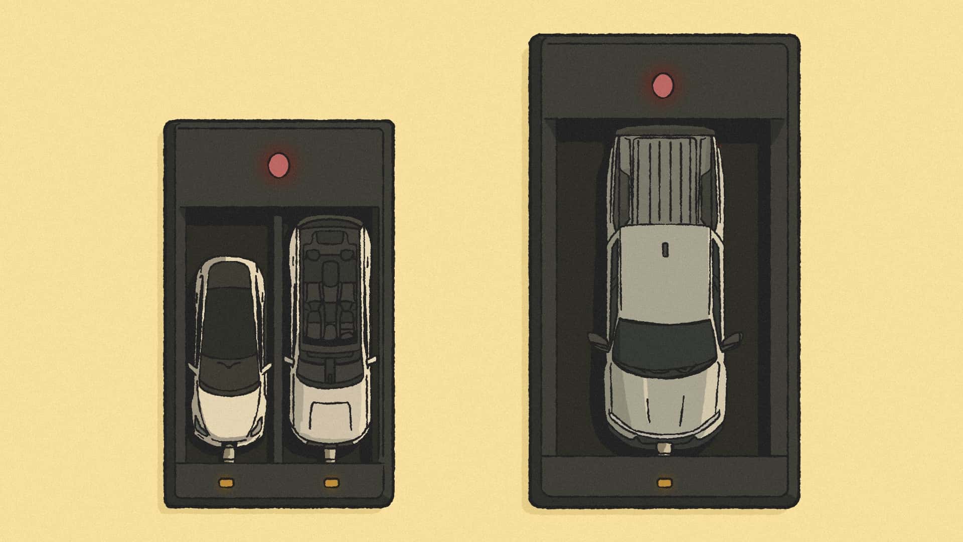 Illustration af to Tesla-biler parkeret i ladestationer set ovenfra