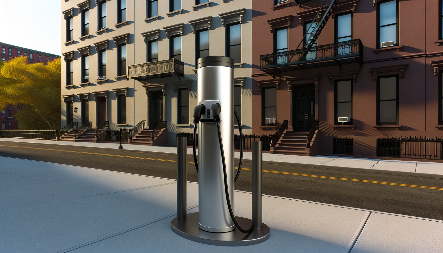 Elektrisk biloplader på urbant gadehjørne foran klassisk bybygning