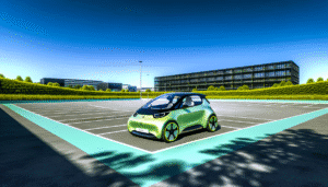 Innovativ elbil i moderne parkering under blå himmel