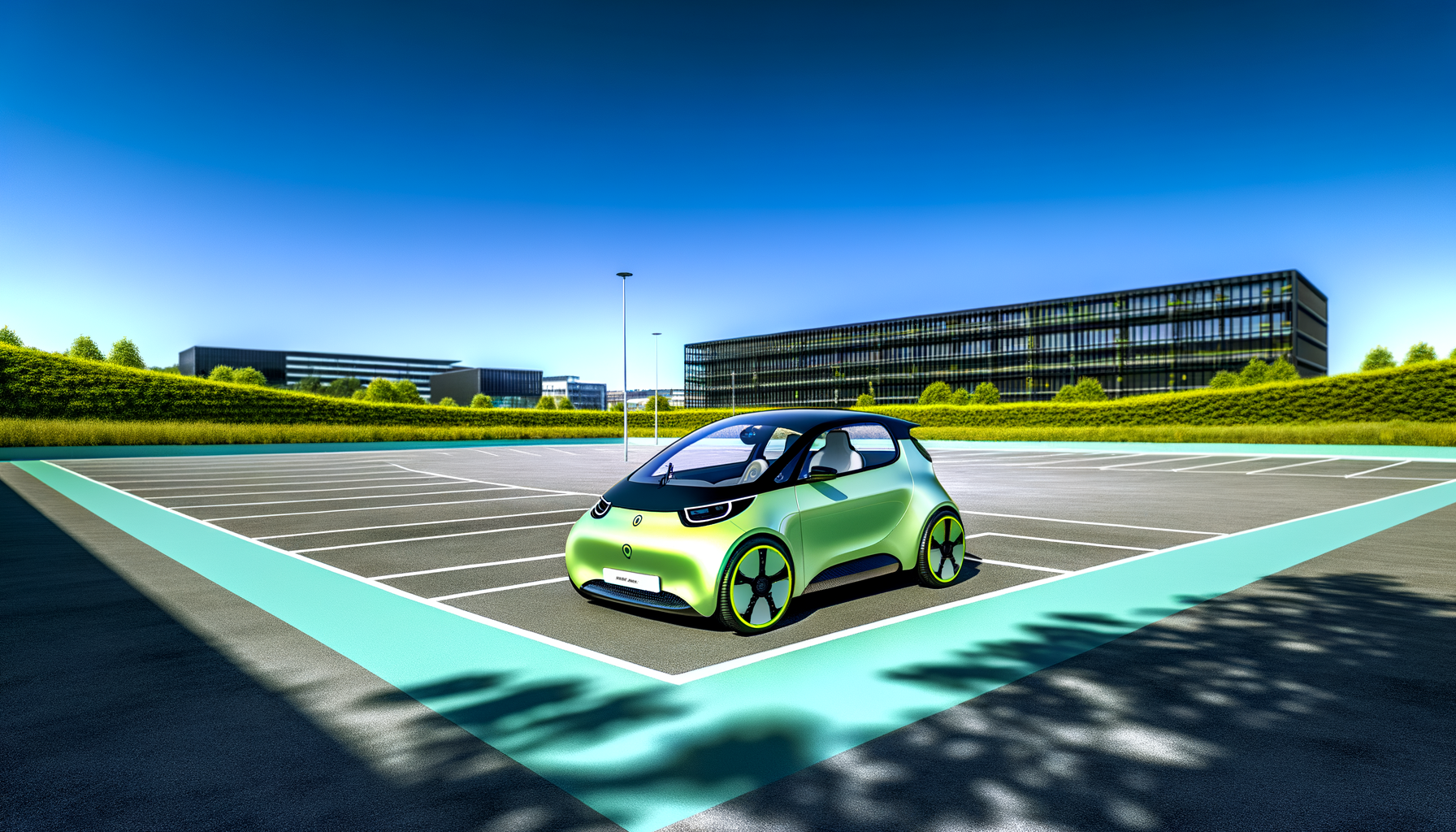 Innovativ elbil i moderne parkering under blå himmel