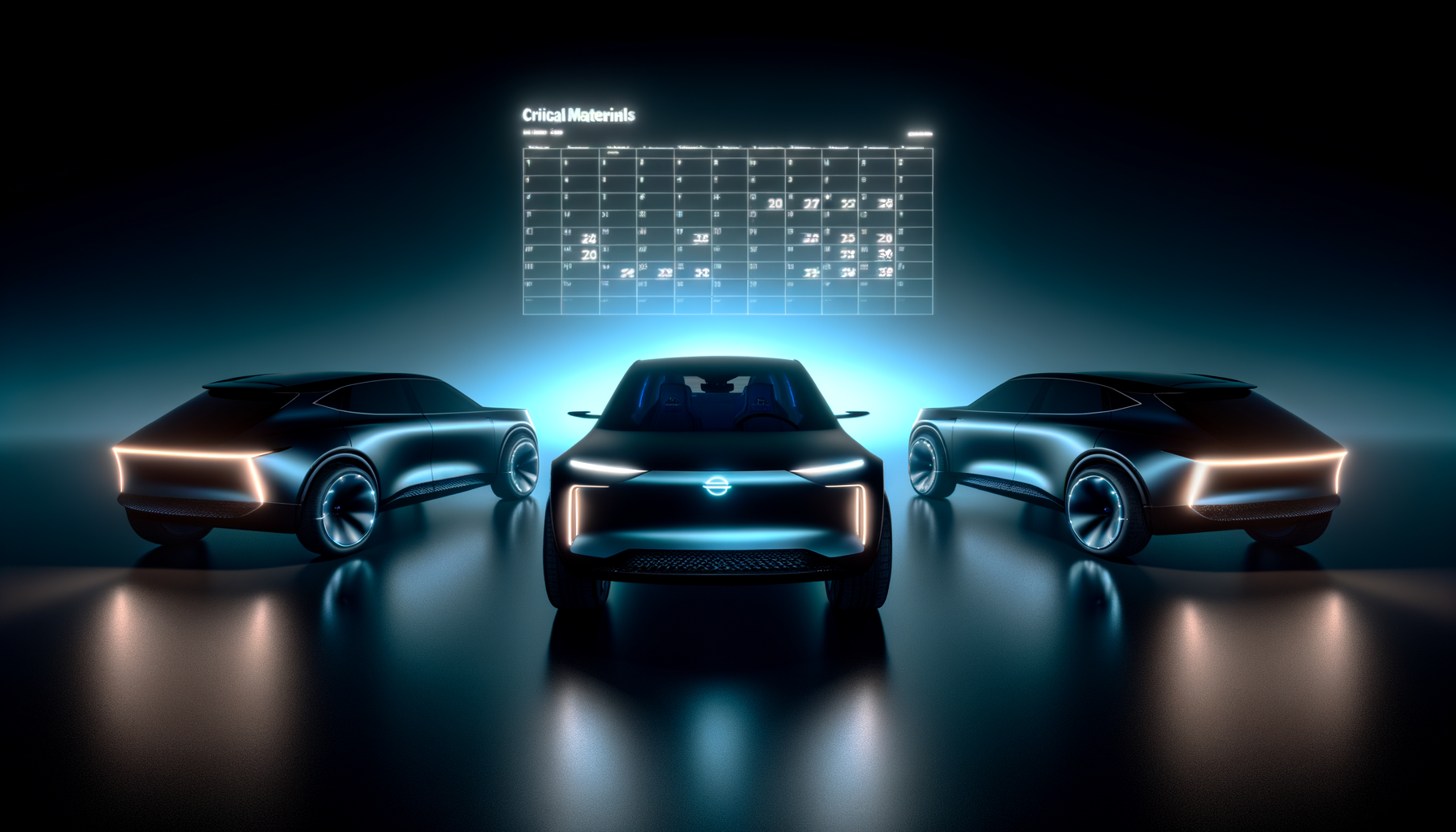 Tre futuristiske elbiler oplyst af neonlys foran en skærm med kritiske materialer