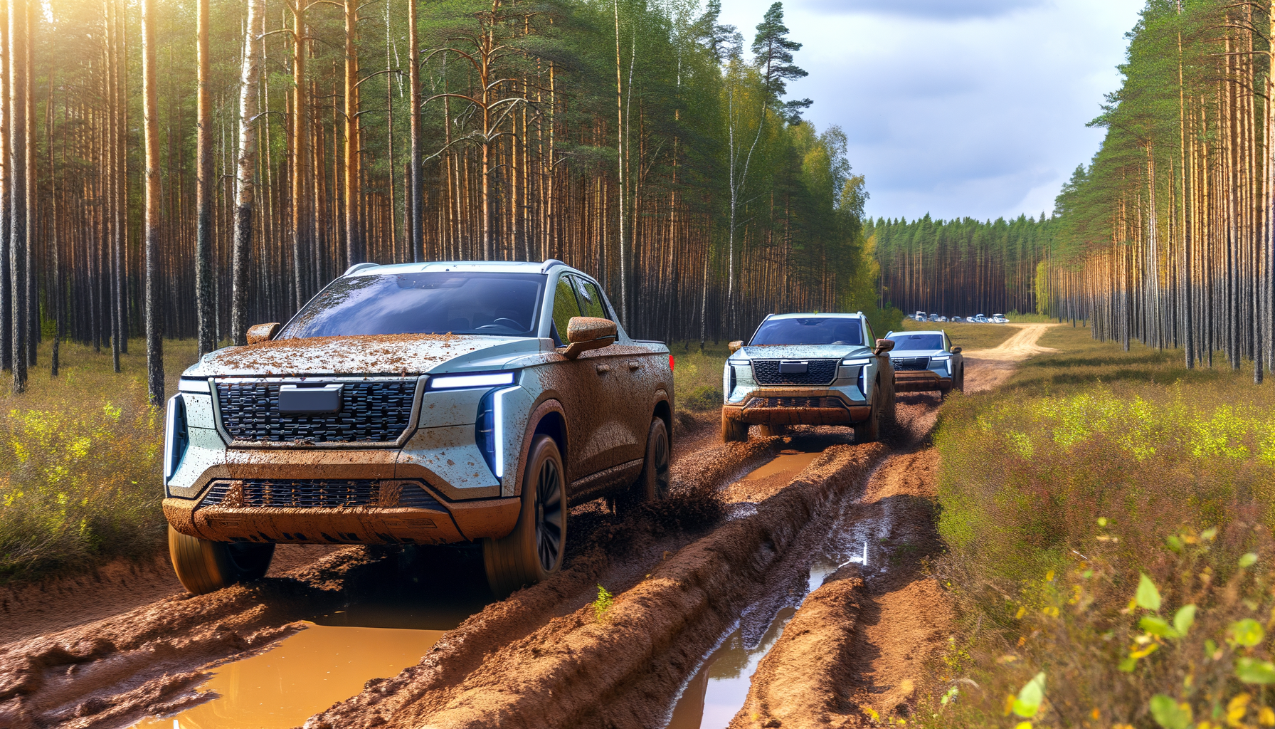 Elektriske terrængående køretøjer navigerer gennem mudret skovvej