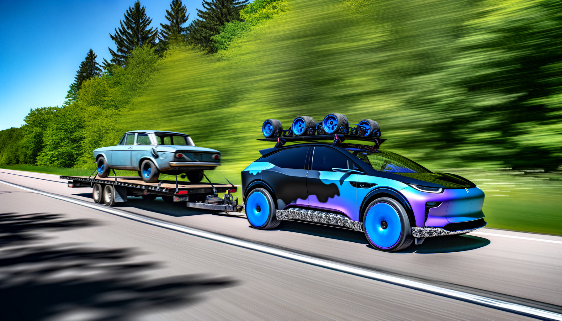 Elektrisk bil trækker klassisk bil på trailer på motorvej omgivet af frodig skov