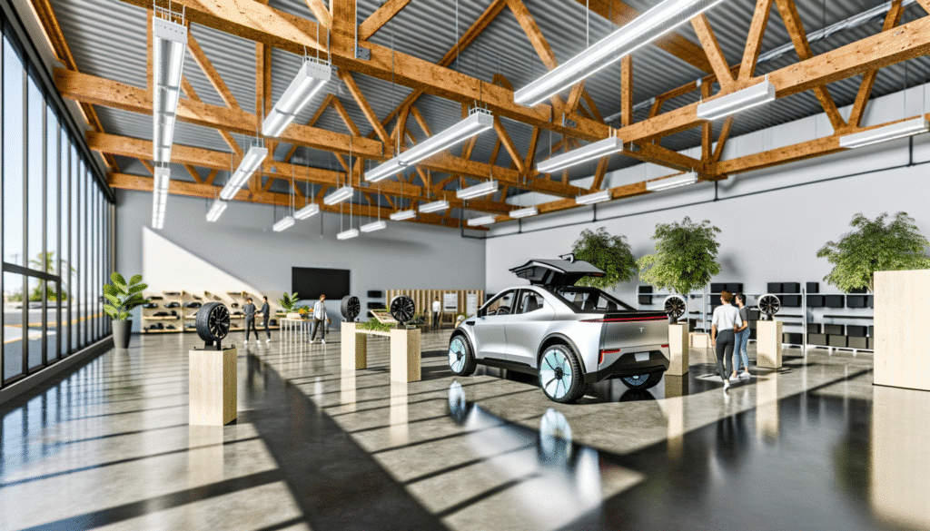 Moderne Tesla-bil udstillet i rummeligt og lyst showroom med træbjælker og store vinduer