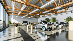 Moderne Tesla-bil udstillet i rummeligt og lyst showroom med træbjælker og store vinduer