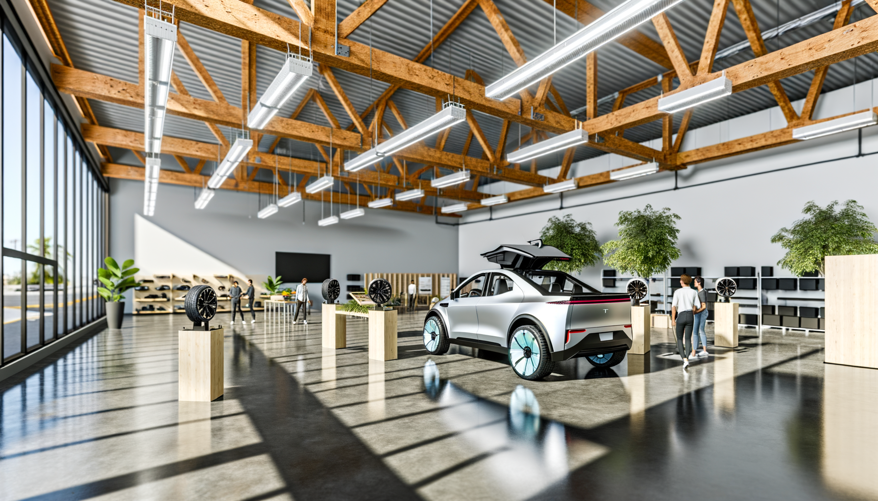 Moderne Tesla-bil udstillet i rummeligt og lyst showroom med træbjælker og store vinduer