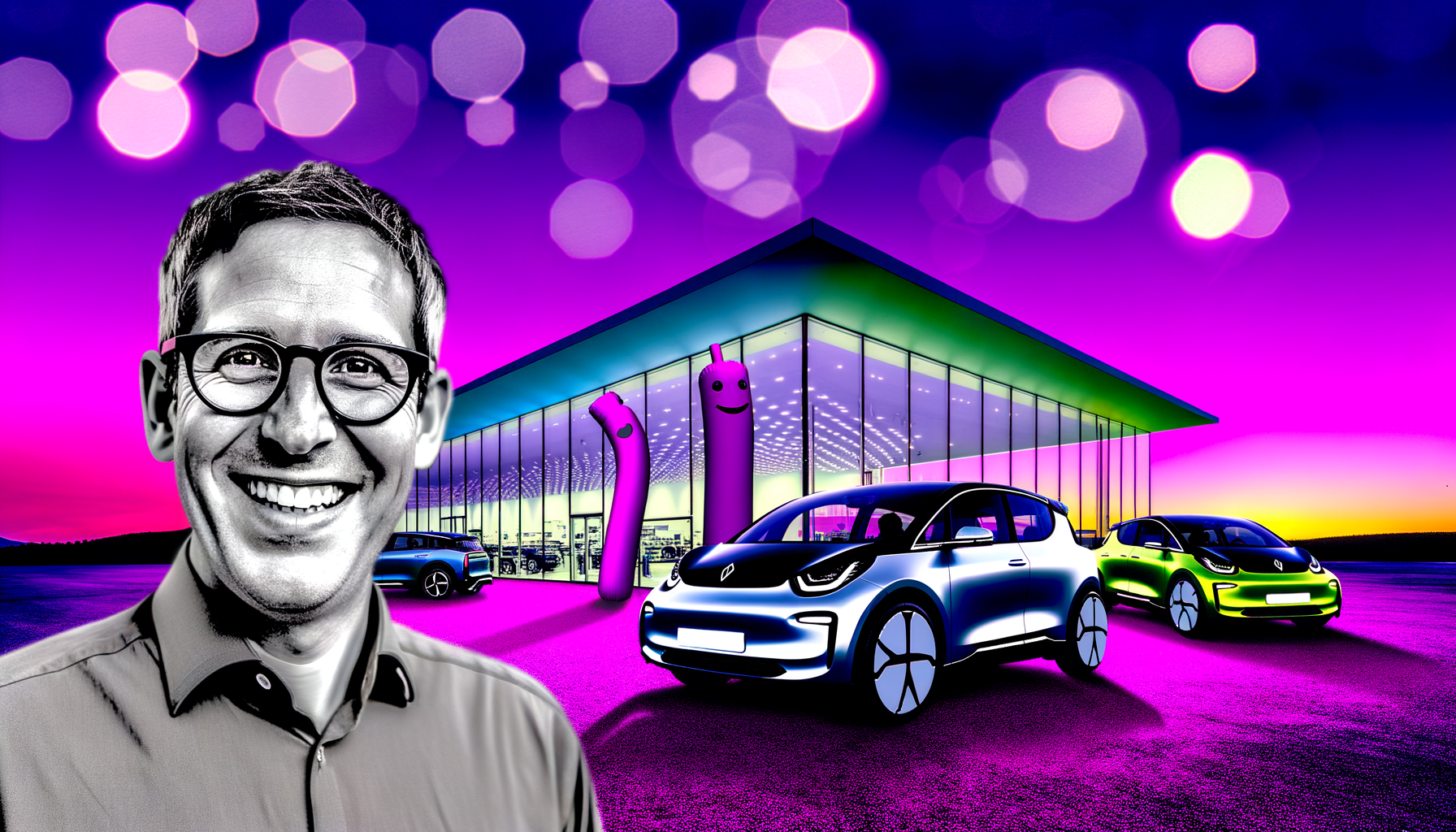 Kreativt billede af elektriske biler foran et moderne showroom med neonfarvet baggrund