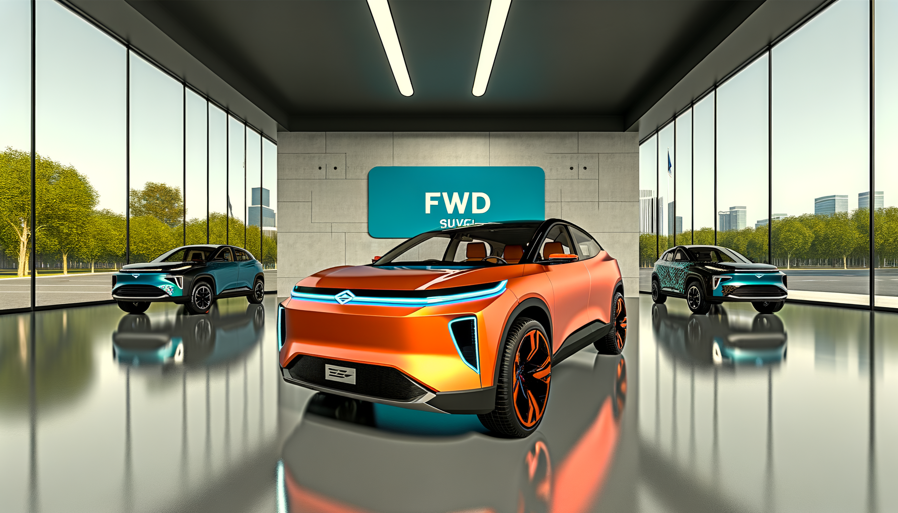 Moderne el-SUV'er i showroom med FWD skilt