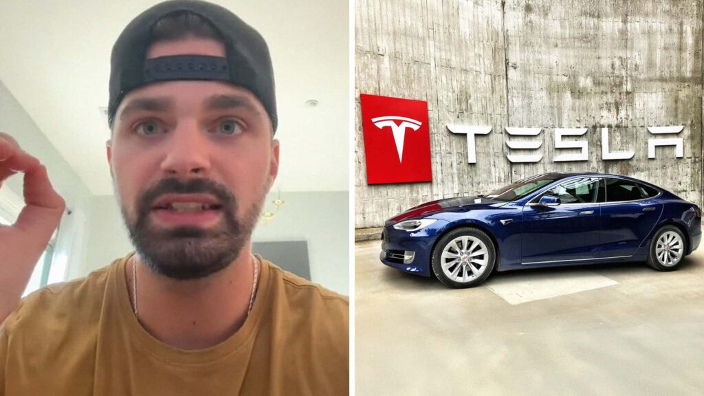 Collage med en person, der taler, og en blå Tesla foran et Tesla-logo på en betonvæg