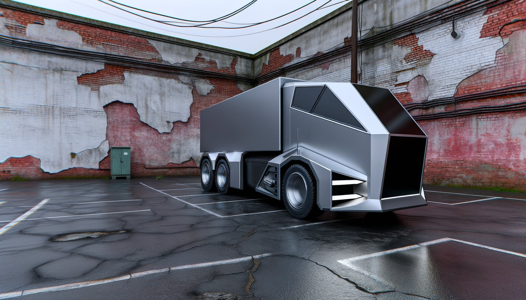 Futuristisk elektrisk lastbil parkeret i en nedslidt gård omgivet af murstensvægge
