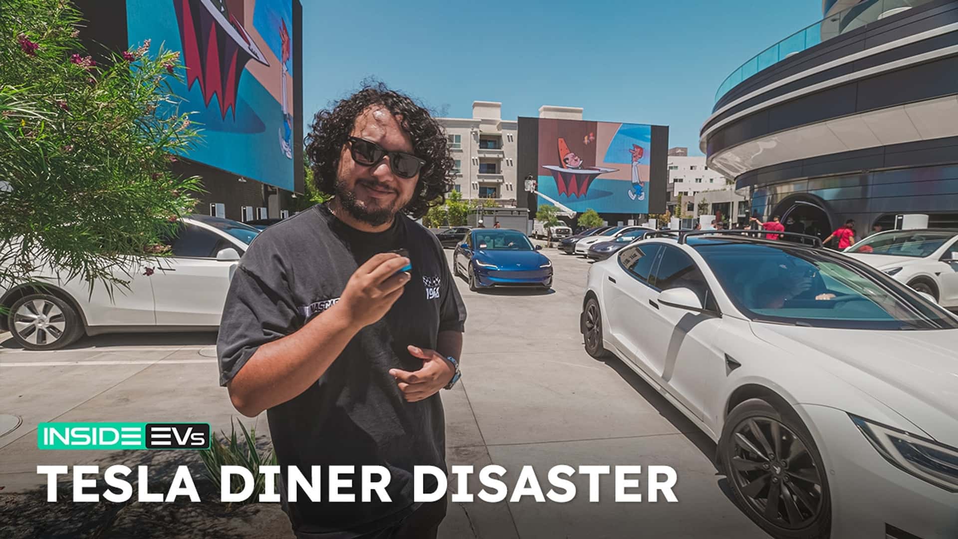 Person foran Tesla biler med tekst 'Tesla Diner Disaster' på en nyhedsblog om elektriske biler