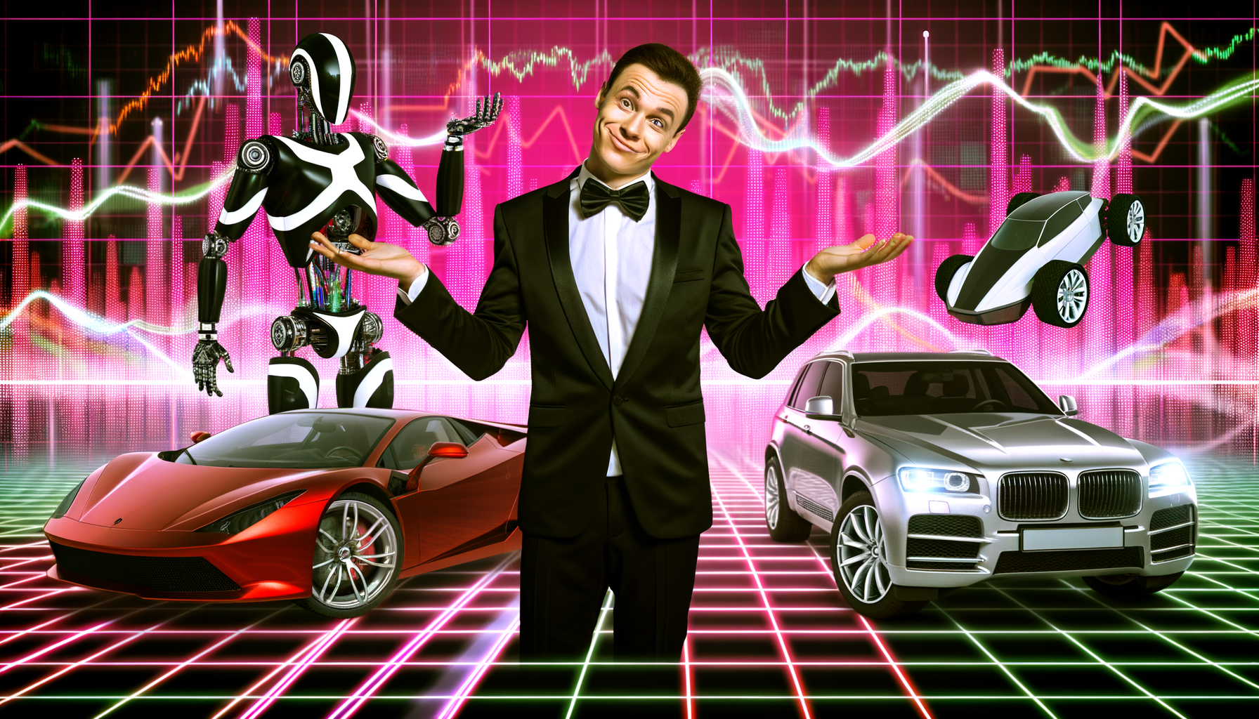 Mand i smoking med futuristisk robot og to avancerede biler på neonbaggrund