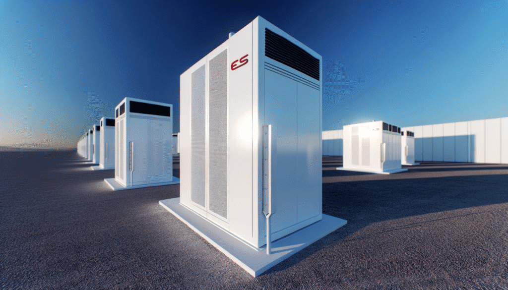 Række af store energilagringsenheder fra Tesla under en klar himmel