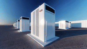Række af store energilagringsenheder fra Tesla under en klar himmel