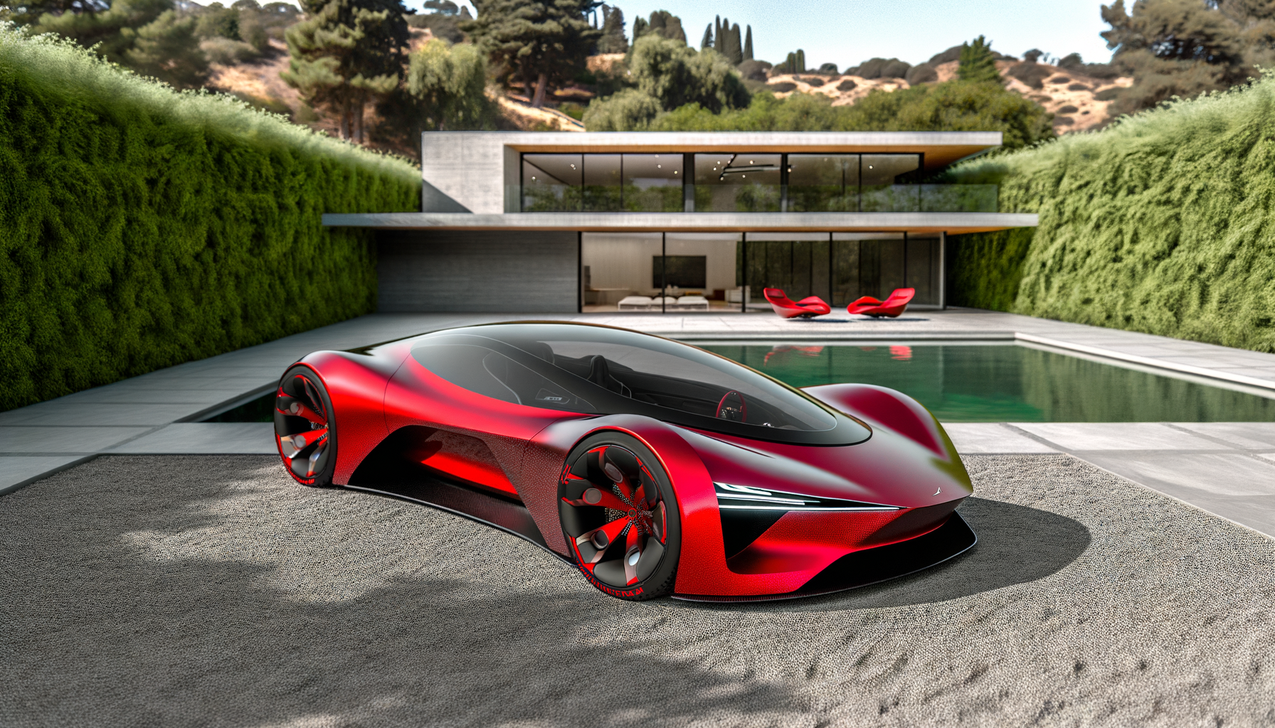 Futuristisk rød Tesla-konceptbil foran moderne hus med pool