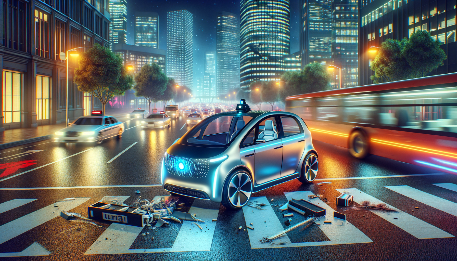 Fremtidens elektriske bil med autonome funktioner kører gennem en oplyst by om natten, omgivet af moderne arkitektur og travl trafik.