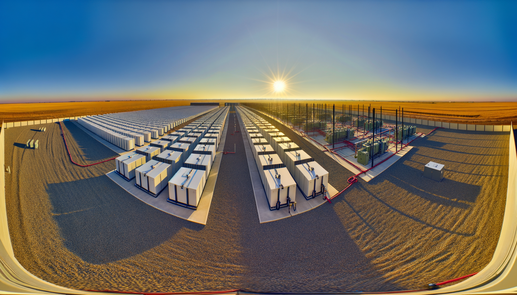 Solnedgang over et stort anlæg med Tesla-batterier i åbent landskab