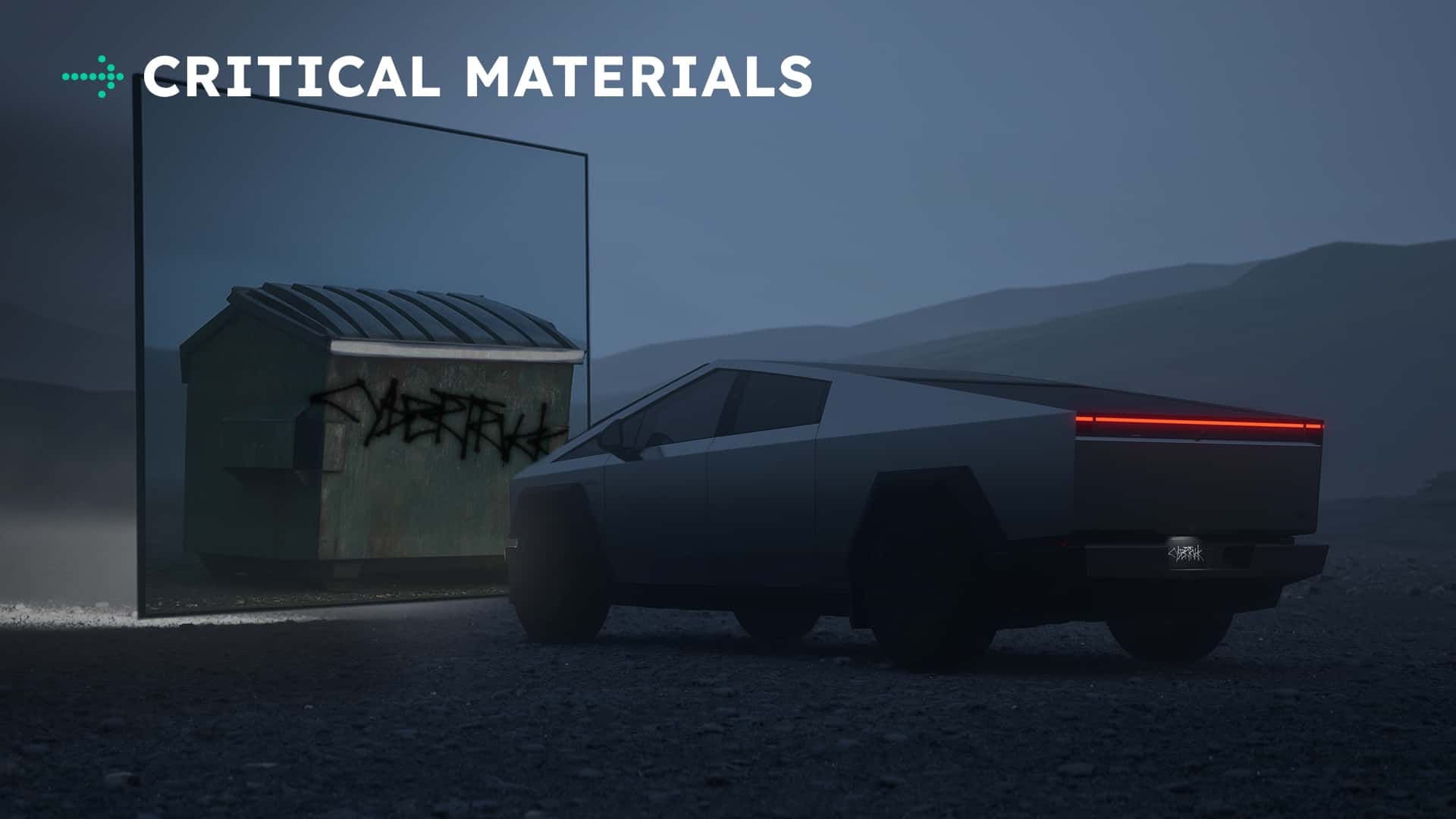 Tesla Cybertruck ved siden af graffiti-malet skraldespand med tekst 'Critical Materials'