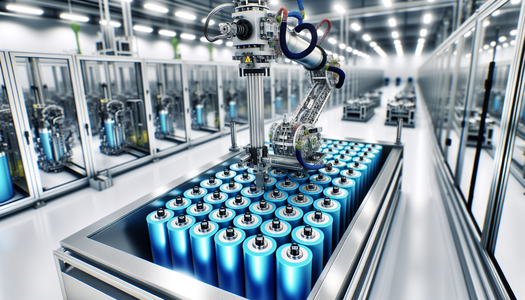 Avanceret robotarm i Tesla-batteriproduktionsanlæg håndterer battericeller