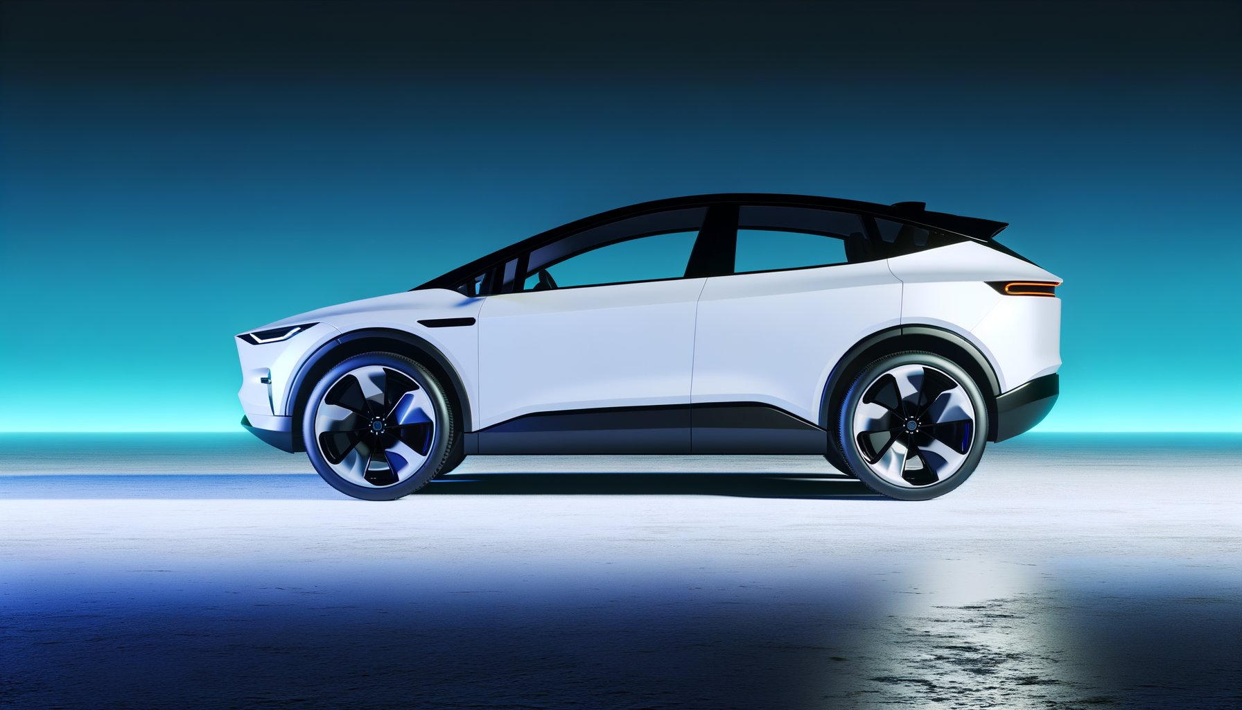 Futuristisk hvid elbil med aerodynamisk design mod en blå baggrund