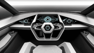 Futuristisk cockpit i Tesla med avanceret digitalt display og rat